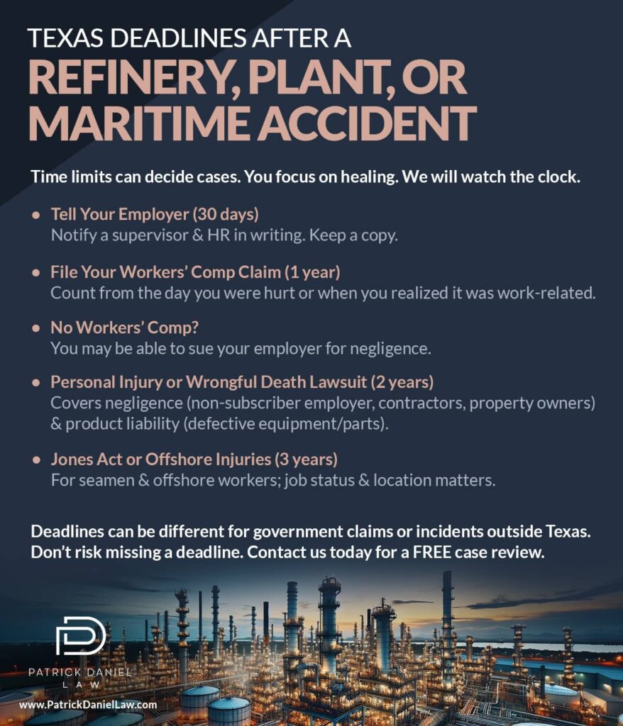 Texas deadlines after a refinery, plant, or maritime accident. | Patrick Daniel Law